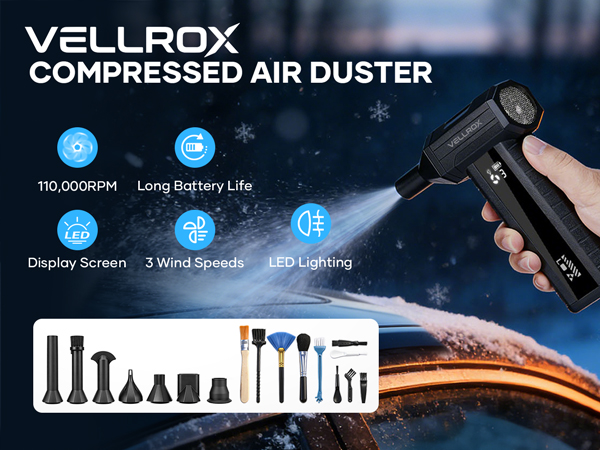 The VELLROX Mini Blower, a powerful Electric Air Duster, clears light snow from your car in seconds