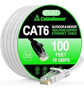Cat 6 Ethernet Cable 100 ft, Indoor&amp;Outdoor, High Speed 10Gbps Internet Network, Pure Copper Flat...