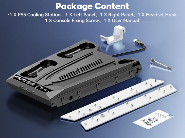 PS5 cooling station components including main unit, side panels, screws, and manual. Black plastic design with ventilation slots for improved console cooling.