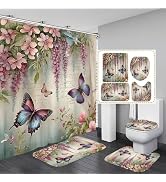 Chrainy 4pcs Spring Butterfly Shower Curtain Set with Rugs Vintage Butterflies Bathroom Sets Flor...