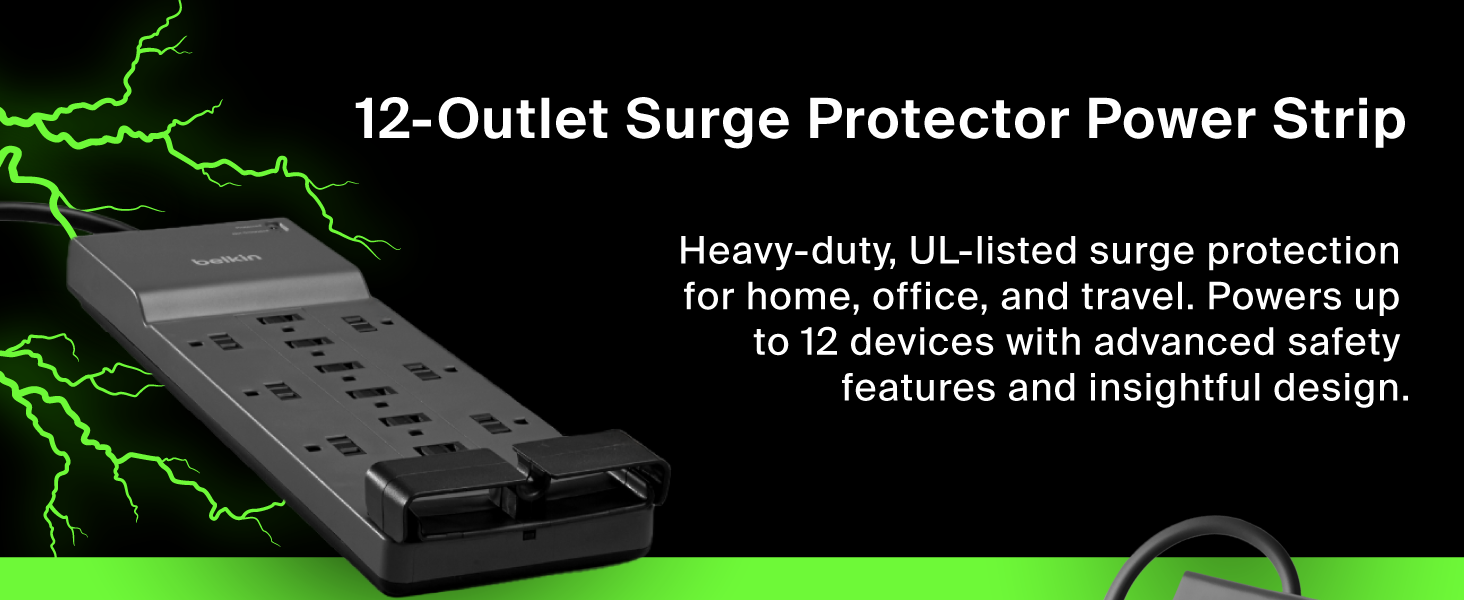 Image of belkin power strip with text reading 12 outlet surge protector power strip.