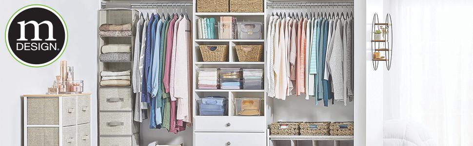 closet setting with dresser, clothes, organizers, fabric storage, bins, baskets with mDesign logo
