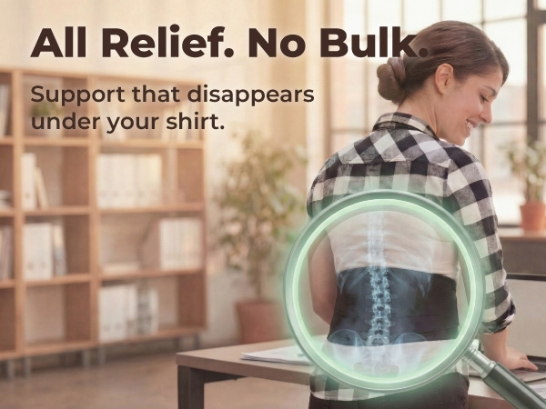 Woman working at a desk wearing a slim Sparthos back brace underneath her shirt for back pain relief
