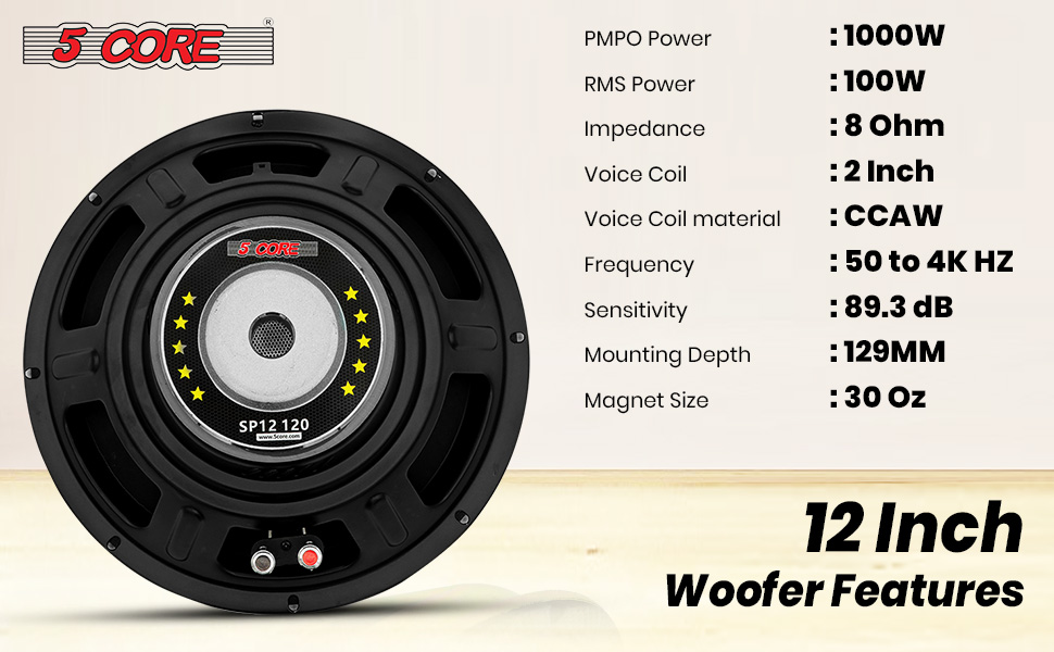 5 CORE Speaker Subwoofer 12 Inch PA DJ Subs 200W Max Pro Audio 8 Ohm 30 Oz