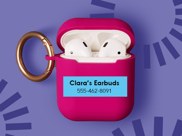 Earbud case with black on light blue P-touch Btag label &amp;#34;Clara&amp;#39;s Earbuds 555-462-8091&amp;#34; on two lines