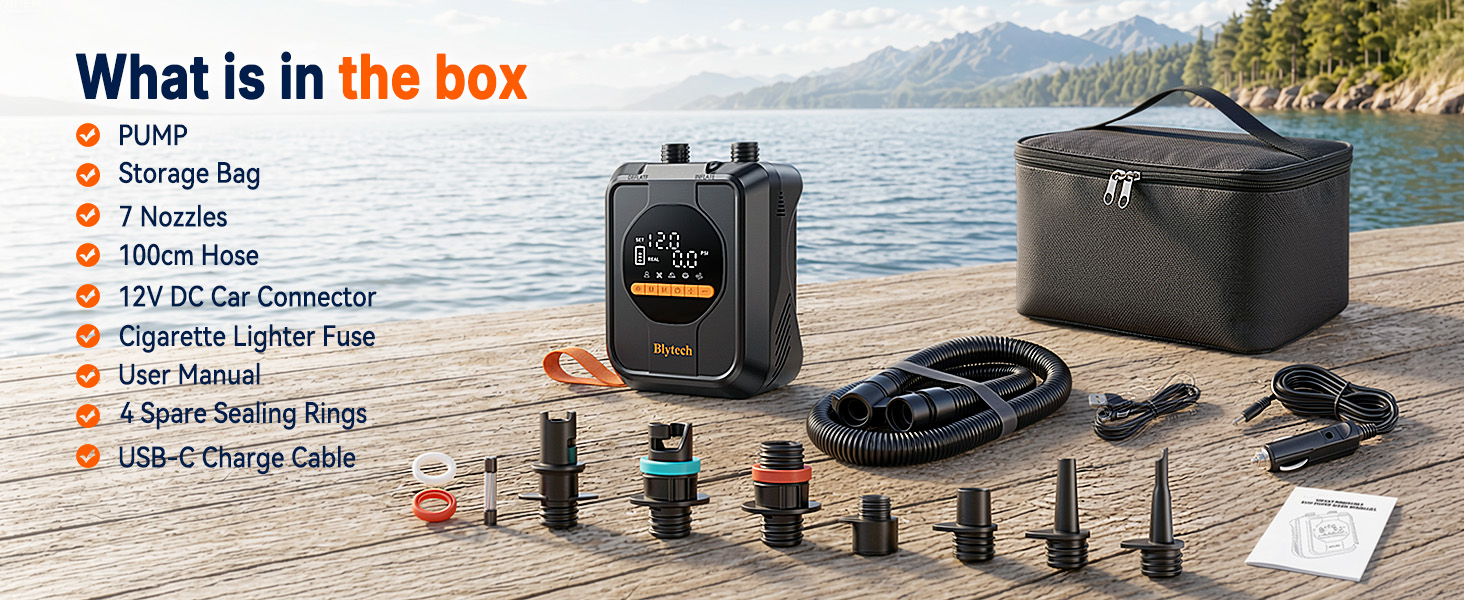 Text reads 'What is in the box' followed by list items: 'Radio', 'Flashlight', 'Headset', 'USB cable', 'Charger', 'Car Car Charger', 'Power Bank', 'User Manual', 'Warranty Card'. Portable power station with accessories displayed on sandy beach setting.