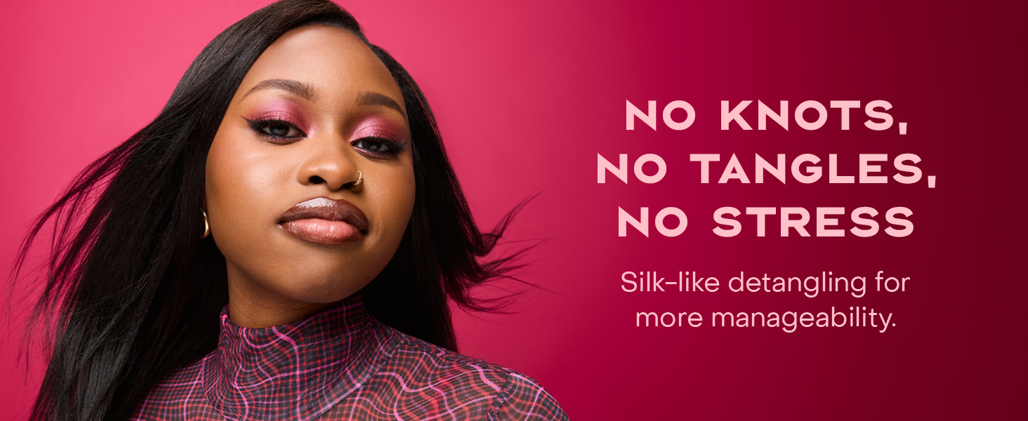 Image of a black woman with straight hair, next to text highlighting product&amp;#39;s benefits.