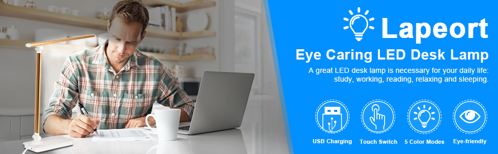 desk lamp led light lighting dimmable table office strip reading study working usb charging port