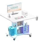 Pamray Small Rolling Gaming Desk with Led Lights Power Outlets and Storage Pegboard, Small Spaces...