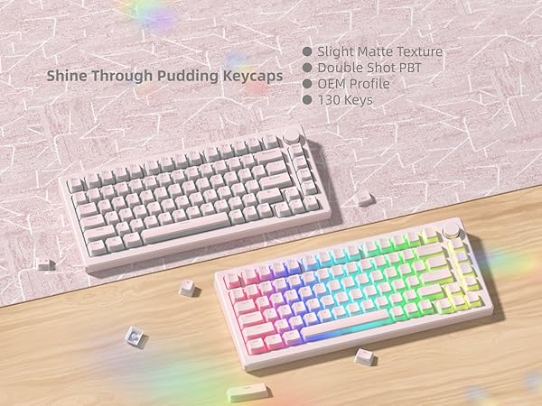 Womier Pudding Keycaps, Black PBT Keycaps 60 65 75 100 Percent 130 Keys, Shine Through Key Cap