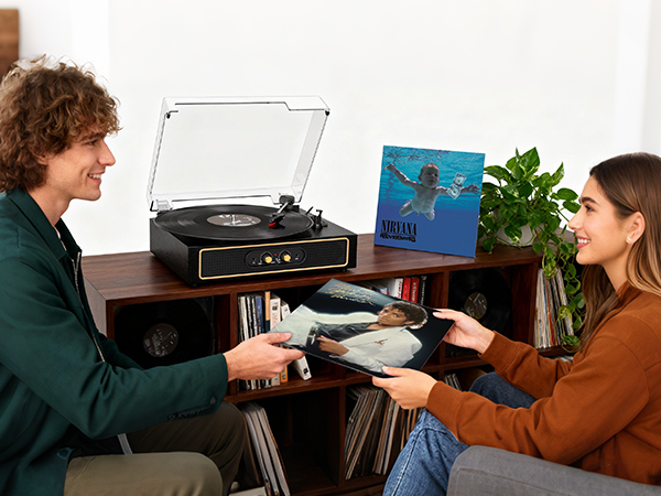 black record player with speakers