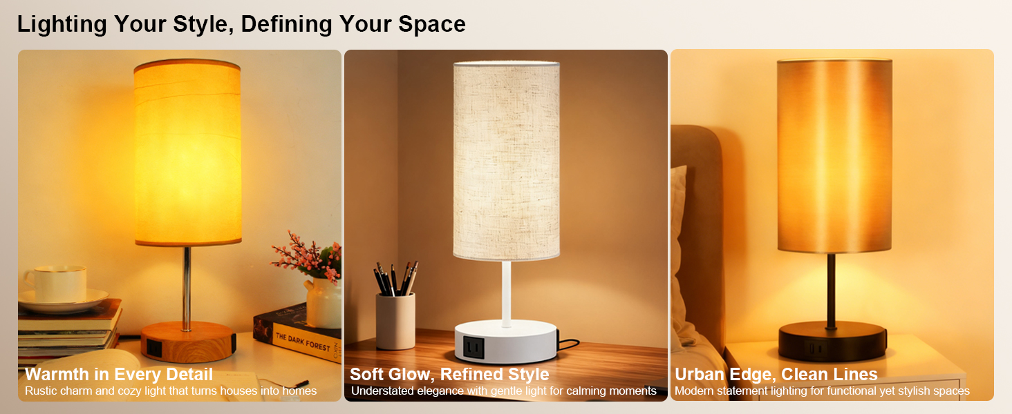 bedside table lamp in elegant white, industrial black, and farehouse wood-grain base