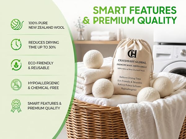 premium New Zealand wool dryer balls showing features like chemical-free, and reduced drying time