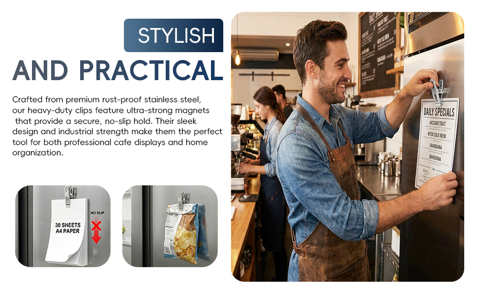 Cafe menu holder featuring 30-sheet holding capacity and bag sealing functionality.