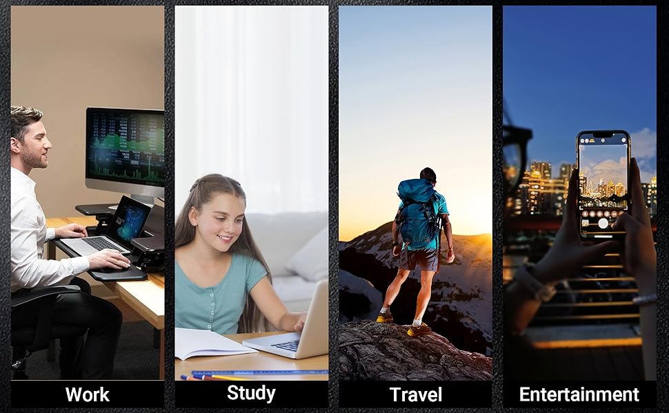 Text reads 'Work, Study, Travel, Entertainment'. Grid of lifestyle photos showing different activities with mobile devices or laptops in various settings.