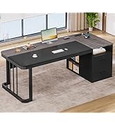 UPOSOJA 70.9" Executive Desk with Power Outlet, Large Office Desk with Drawers &amp; Lateral File Cab...