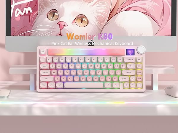 75% Wireless Mechanical Keyboard with Screen and Knob, Pink Cat Creamy Bluetooth Gaming Keyboard