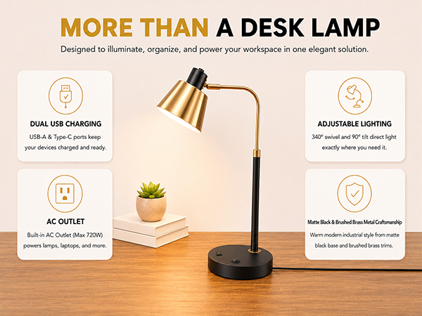 Matte black brass desk lamp with USB-A, Type-C ports and AC outlet, adjustable lighting for office
