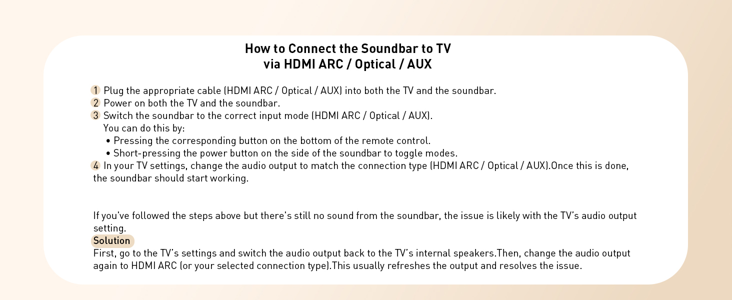 How to Connect the Soundbar to Your TVvia HDMIARC/0ptical/AUX