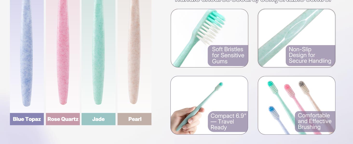 Soft bristles for sensitive gums, non-slip handle, compact 6.9 inch travel toothbrush