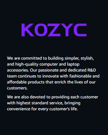 Black background with purple 'KOZYC' text. Company description emphasizes commitment to stylish, high-quality computer and laptop accessories, innovation, and customer service.