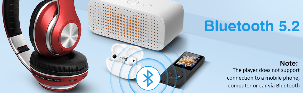 Bluetooth 5.2 devices: red over-ear headphones, white rectangular speaker, wireless earbuds, and a media player, illustrating wireless connectivity options.