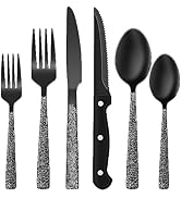 Black Hammered Silverware Set, 24-Piece Stainless Steel Square Flatware Set with Steak Knives for...