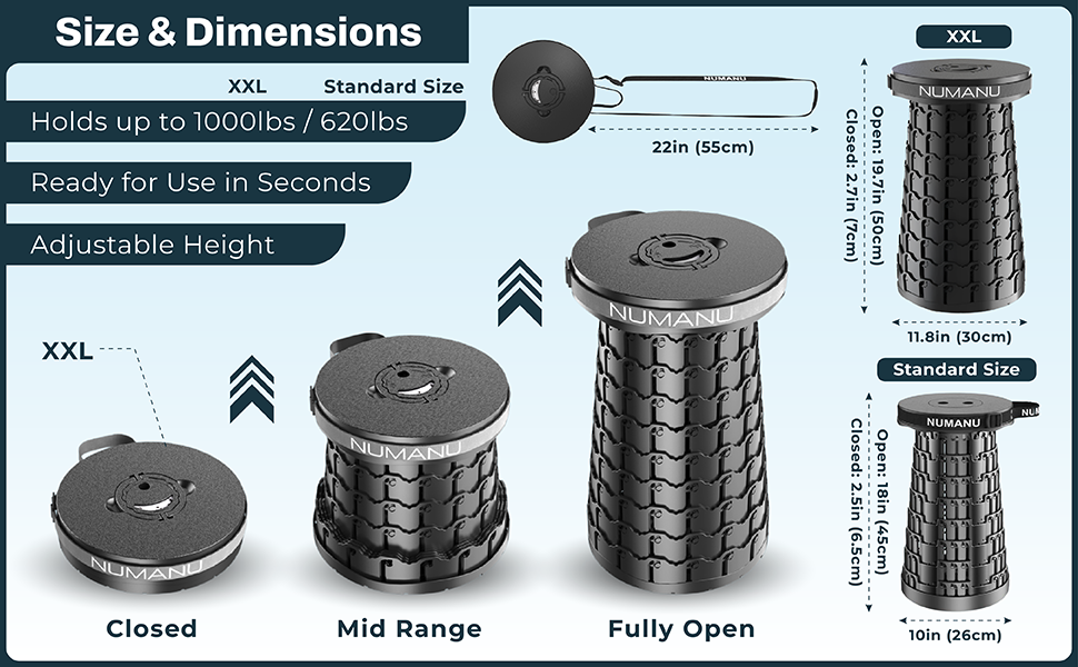 NUMANU Collapsible Stools Size Comparison, Folding Seats come in 2 Sizes.