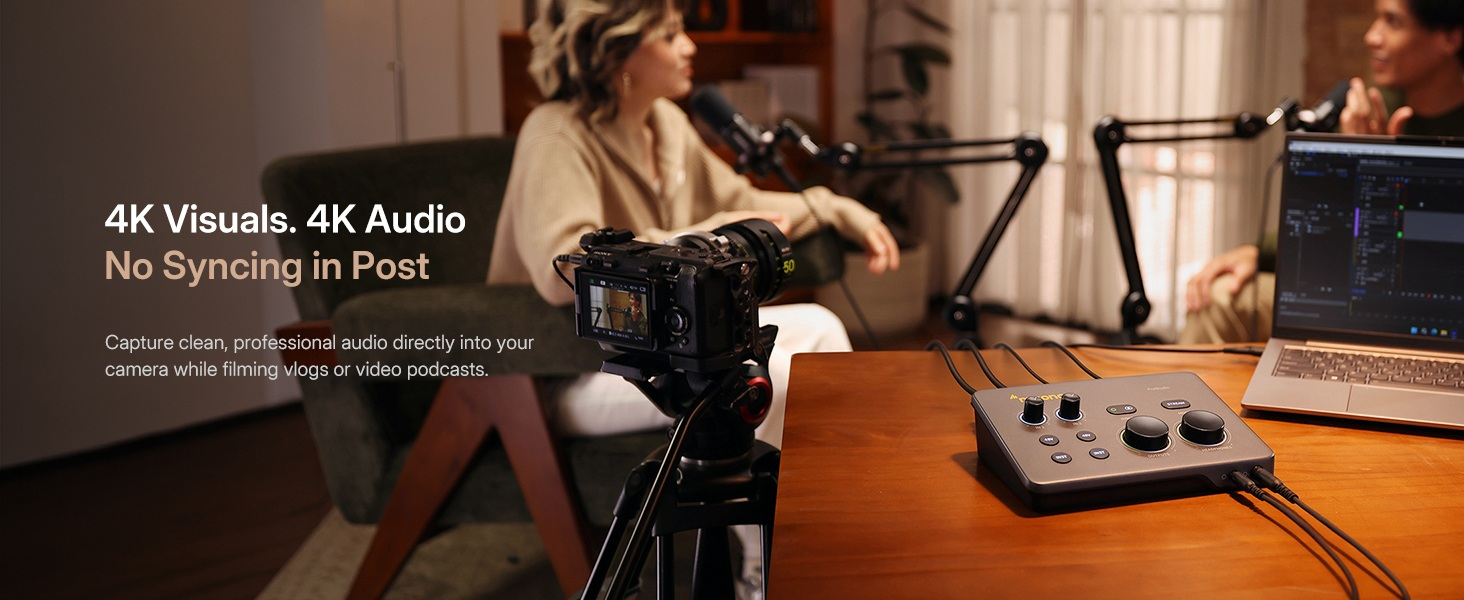 Two creators filming video podcast vlog with camera and Maono P2 audio interface