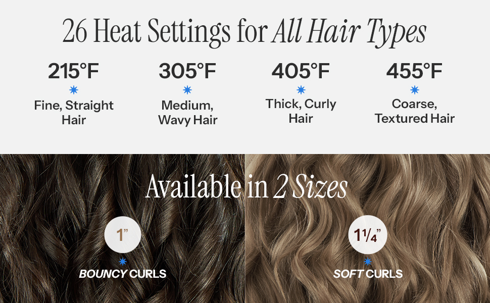 Heat Settings for All Hair Types, 1&amp;amp;#34; Curling Iron and 1.5&amp;amp;#34; Curling Iron