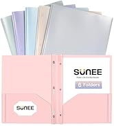 SUNEE 3-Prong Plastic Folders with Pockets (6 Pack, Pastel Colors) 2 Pocket Folders with Fastener...