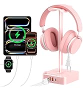 Pink Headphone Stand with USB Charger, Gaming Headset Holder with 3 USB Ports &amp; 2 AC Outlets, PD ...