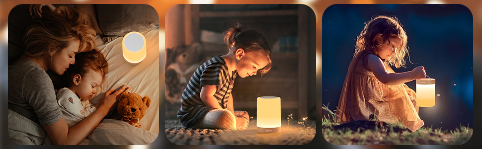 Three panels showing children with glowing lanterns or lights. Scenes depict bedtime, reading, and outdoor exploration at night.