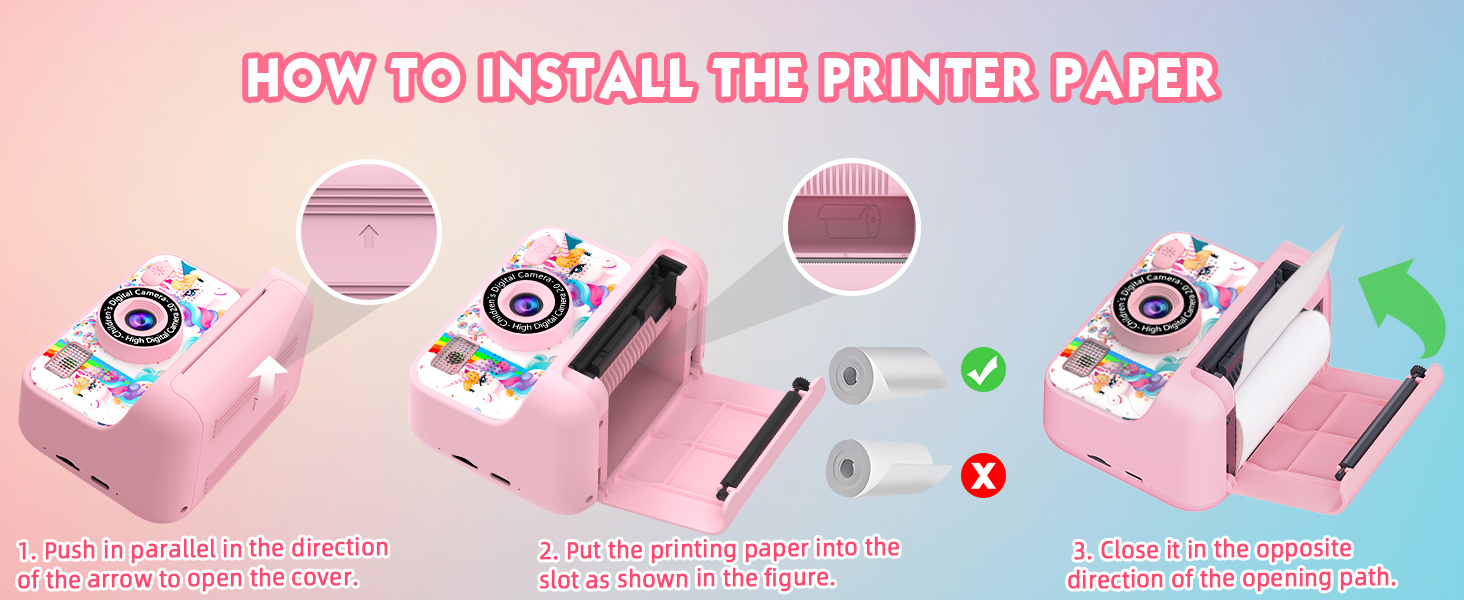 Step-by-step installation guide for pink printer paper, showing correct and incorrect insertion methods with green check and red cross indicators.