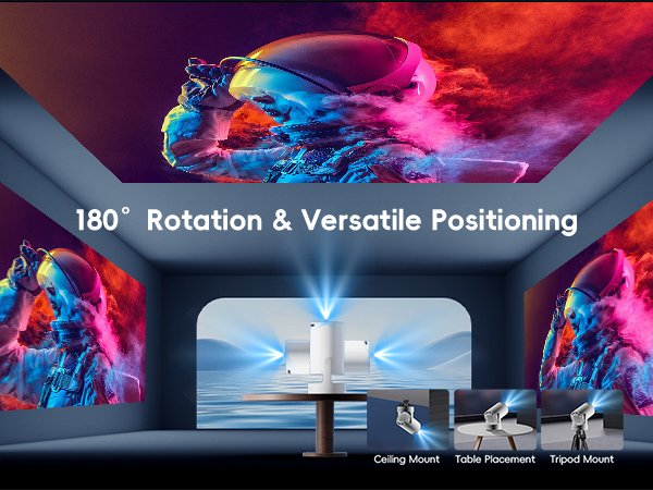 Projector with 180° rotation and versatile positioning capabilities. Image shows ceiling, table, and tripod mounting options in a room with colorful projected visuals.