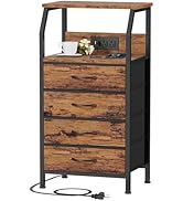 Furnulem Night Stand with Charging Station, Small Dresser with 4 Fabric Drawers, 33.3 Inch Tall B...