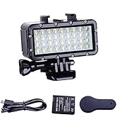 Rectangular LED light panel with 36 bulbs in waterproof housing. Includes mounting bracket, USB cable, battery, and remote control. Designed for underwater or action camera use.