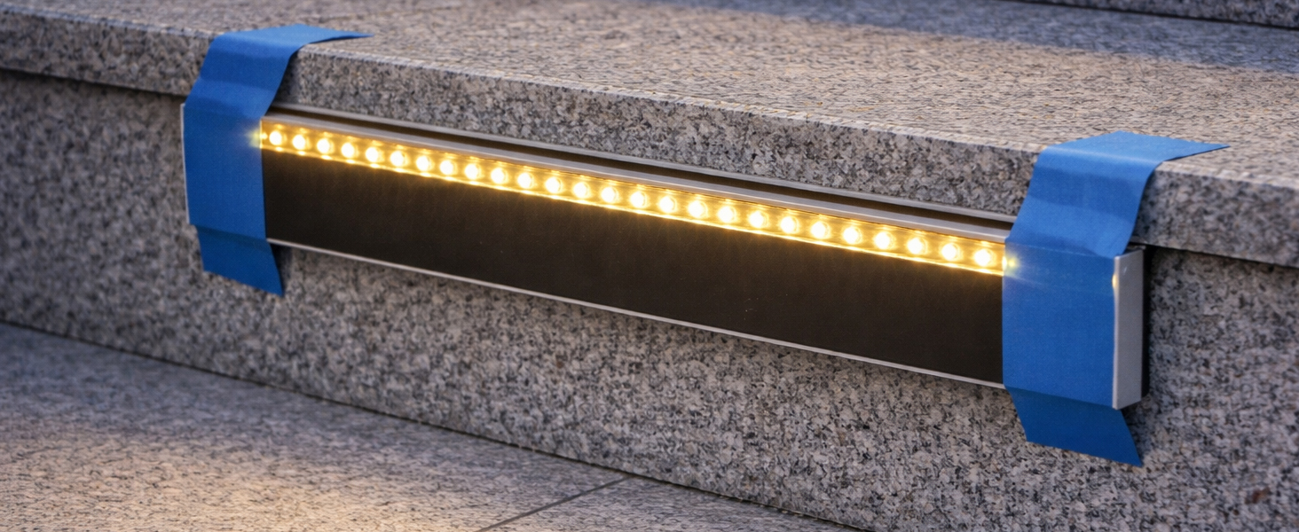 masking tape helps hold secure to step lights in place while glue adhesive cures easy install remove