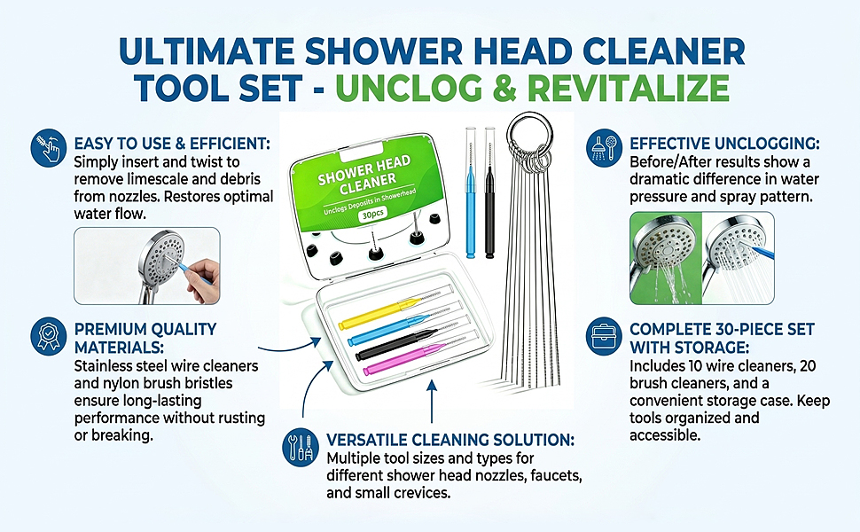 Shower Head Cleaner Tool Set, Multi-Size Shower Head Cleaner Picks for Unclogging Small Nozzles
