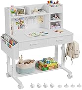 WINAZ Rolling Kids Desk with Drawers Height Adjustable, 32 Inch Small Mobile Desk with Hutch Stor...