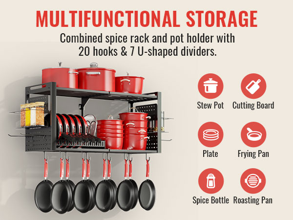 Combined spice rack and pot holder with 20 hooks &amp;7 U-shaped dividers.