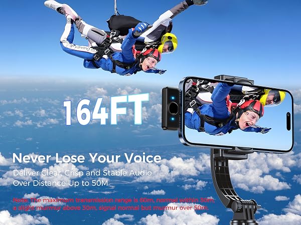 Text reads '164FT' and 'Never Lose Your Voice'. Multiple panels showing skydiving scenes against blue sky and clouds, demonstrating aerial photography or recording.