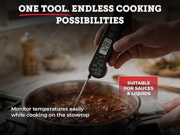 thermometer attached to a fridge or oven surface using its built-in magnet for convenient storage