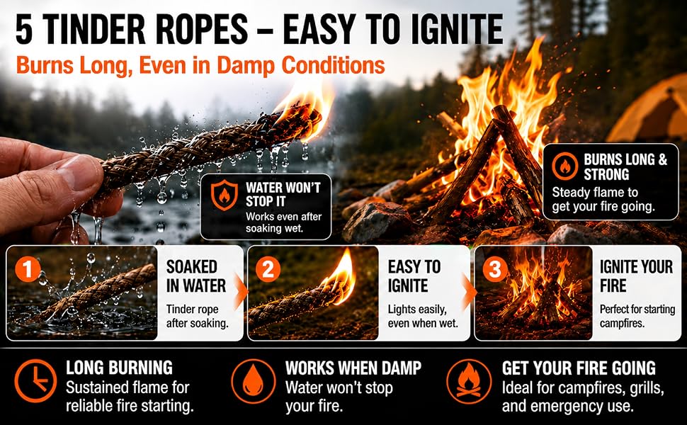 5 Waterproof Tinder Ropes - Easy Ignition, Long Burning, Even When Wet