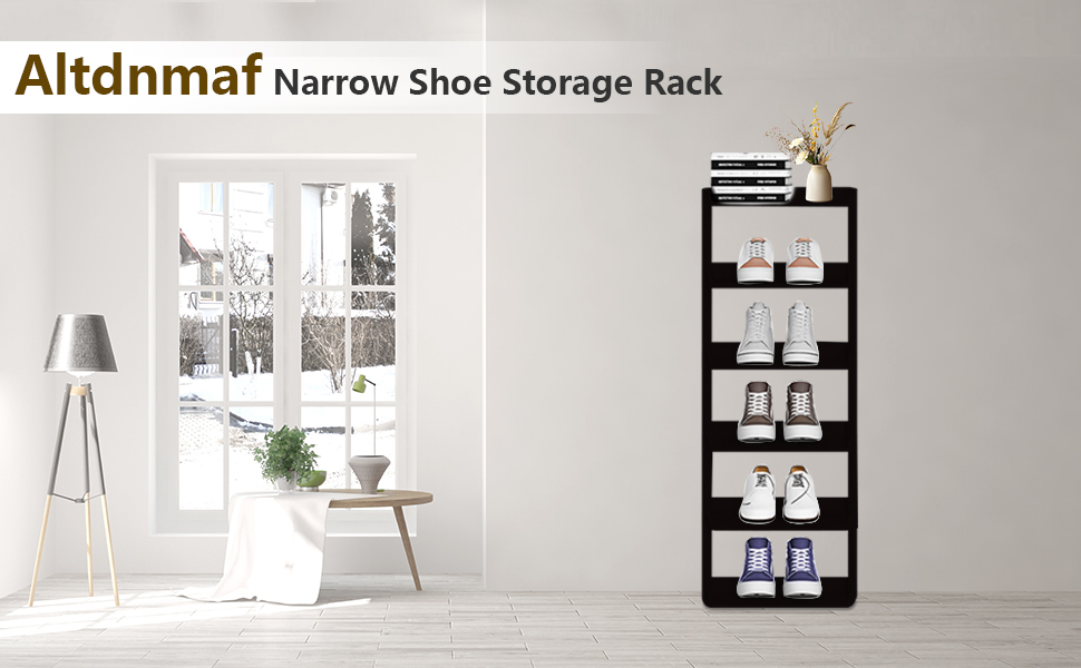Text reads 'Altdnmaf Narrow Shoe Storage Rack'. Series of images showing slim wall-mounted shoe storage shelves in white finish.