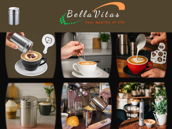 Collage of BellaVitas frother on stand, cocoa shaker with stencil, latte art pen