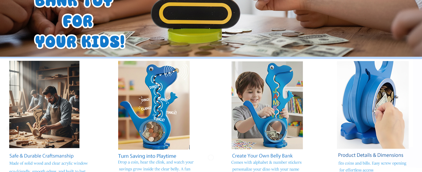 sound effects, DIY stickers, easy coin access, durable solid wood and clear acrylic window