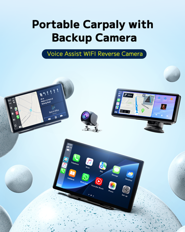 Portable car navigation system with backup camera, featuring large touchscreen display, wireless connectivity, and separate mounted camera unit.
