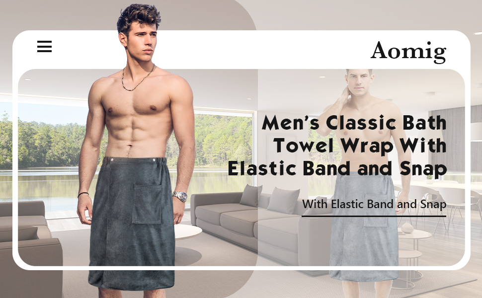 Aomig men's bath towel wrap product page showing gray towel wrap with elastic band and snap closure features.