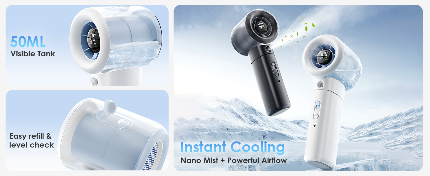 skin-loving mist, 50ml water tank provides up to 2-4 hours of continuous misting, simple refilling